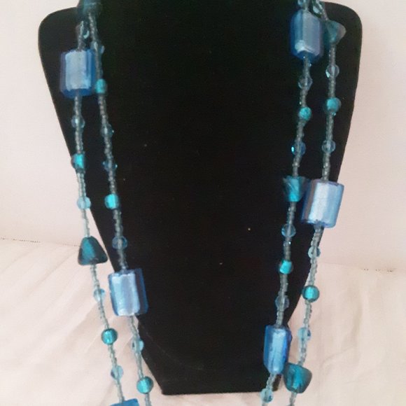 Blue Glass Bead Long Necklace Varid Blue Blue/Green Stones - Picture 3 of 8